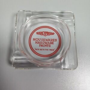 Vintage Ace Hardware Glass Ashtray Red Logo Housewares Paints Clear Square 3in